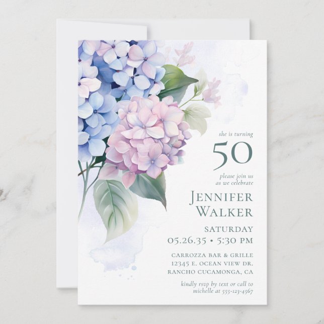  Pink Blue Hydrangeas 50th Birthday Card Request  Einladung (Vorderseite)