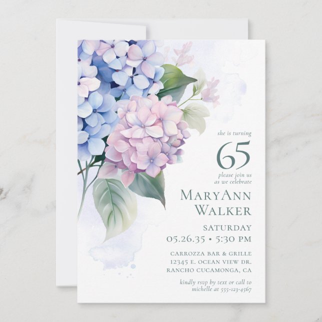 Pink Blue Hydrangeas 65e carte d'anniversaire Dema (Devant)