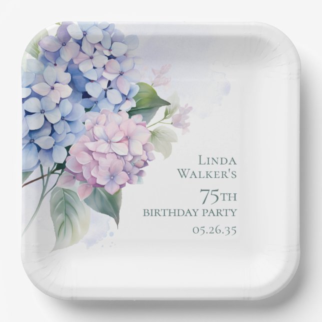 Pink Blue Hydrangeas 75. Geburtstag Pappteller (Vorderseite)