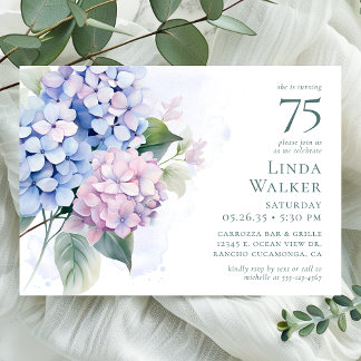 Pink Blue Hydrangeas 75. Geburtstagsparty Einladung