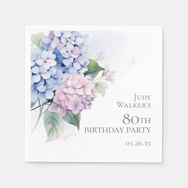 Pink Blue Hydrangeas 80. Geburtstagsparty Serviette (Vorderseite)