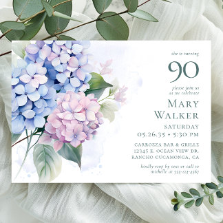 Pink Blue Hydrangeas 90. Geburtstagsparty Einladung