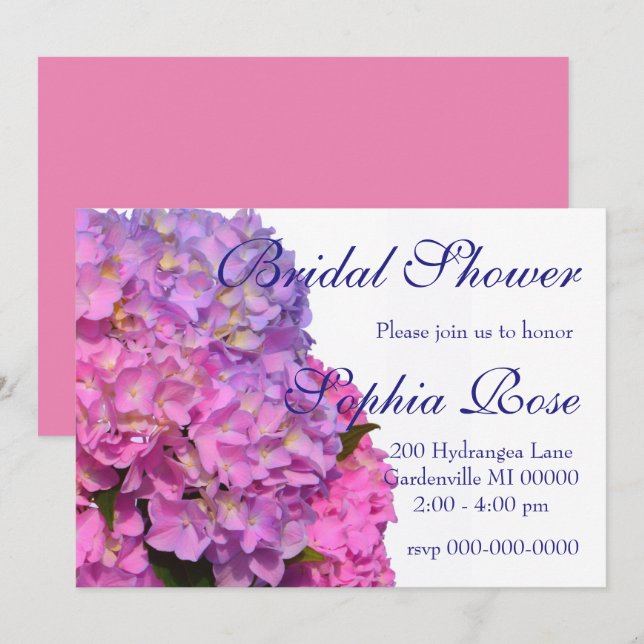 Pink Blue Hydrangeas elegante rosa violette Blumen Einladung (Vorne/Hinten)