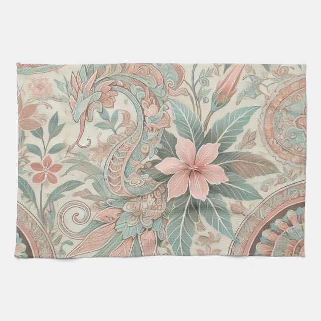 Pink Blue Indonesian Batik Floral Boho Rustic Geschirrtuch (Horizontal)