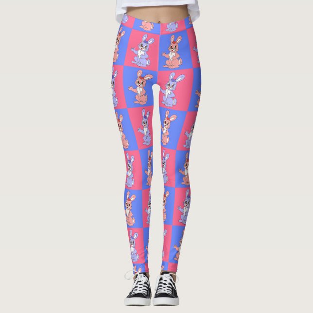 Pink Blue Kawaii Niedlich Checkered Bunny Rabbit Leggings (Vorderseite)
