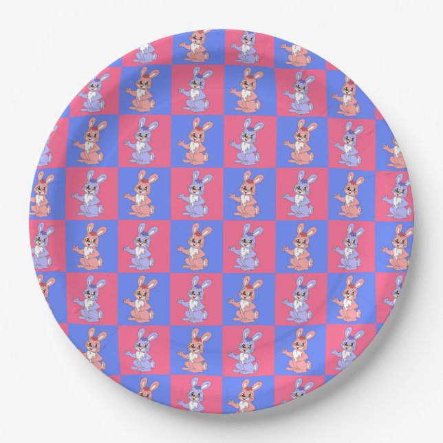 Pink Blue Kawaii Niedlich Checkered Bunny Rabbit Pappteller (Vorderseite)
