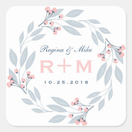 Pink Blue Leaf Blumenkraut Gastgeschenk Hochzeit A Quadratischer Aufkleber