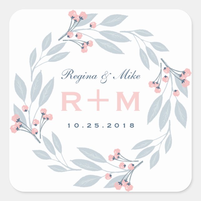 Pink Blue Leaf Blumenkraut Gastgeschenk Hochzeit A Quadratischer Aufkleber (Vorderseite)