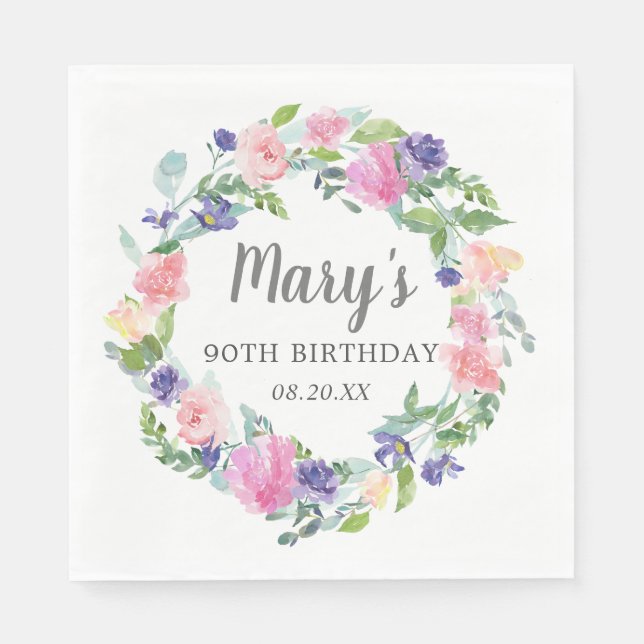 Pink Blue Lila Floral 90. Geburtstag Serviette (Vorderseite)