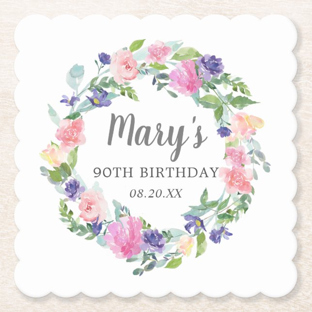 Pink Blue Lila Floral 90. Geburtstag Untersetzer (Vorderseite)