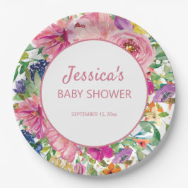 Pink Blue Lila Floral White Gold Baby Dusche Pappteller