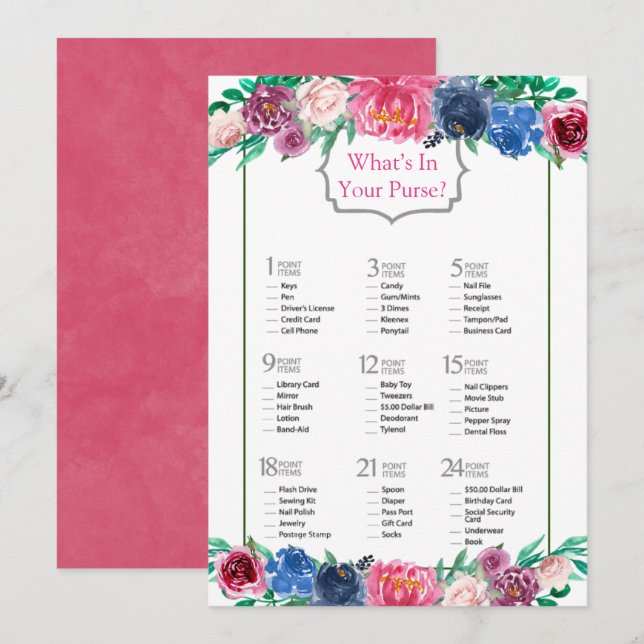 Pink Blue Lila Painted Peony Brautparty Game Einladung (Vorne/Hinten)