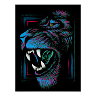Pink Blue Lion Illustration - Lion Glossy Poster