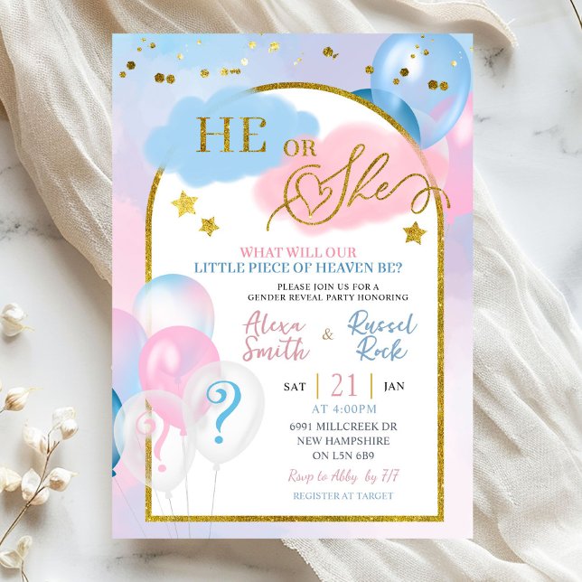 Pink Blue Little Piece of Heaven Gender Reveal Einladung (Von Creator hochgeladen)
