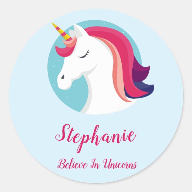 Pink & Blue Magical Unicorn - Personalisiert Runder Aufkleber (Vorderseite)