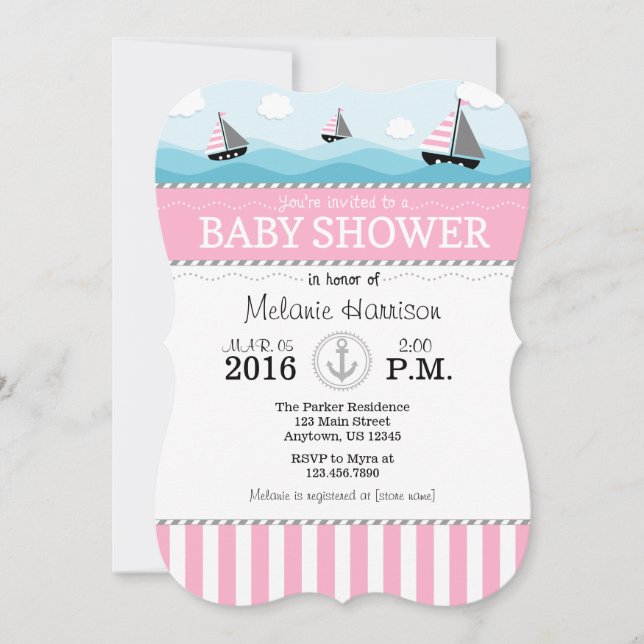 Pink Blue Nautical Baby Dusche Einladung (Vorderseite)