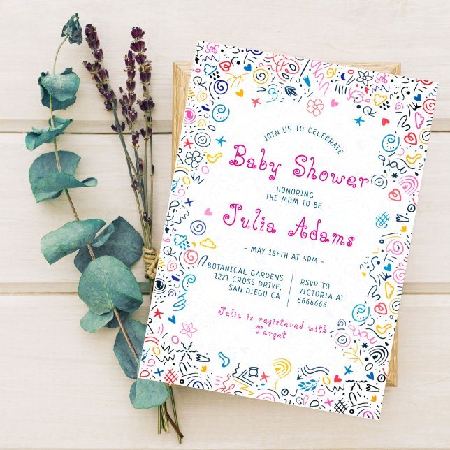 Pink Blue Niedlich Doodle Funny Toy Baby Dusche Einladung (Von Creator hochgeladen)