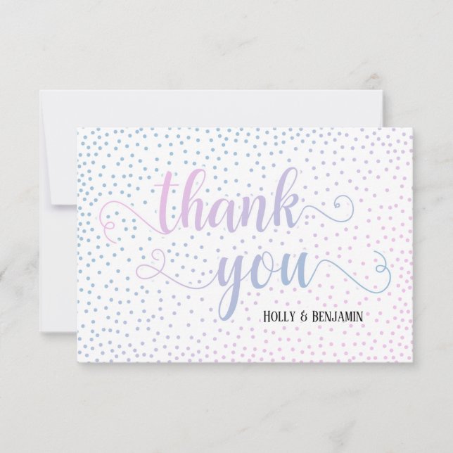 Pink & Blue Ombré Confetti und Script Baby Dusche Dankeskarte (Vorderseite)