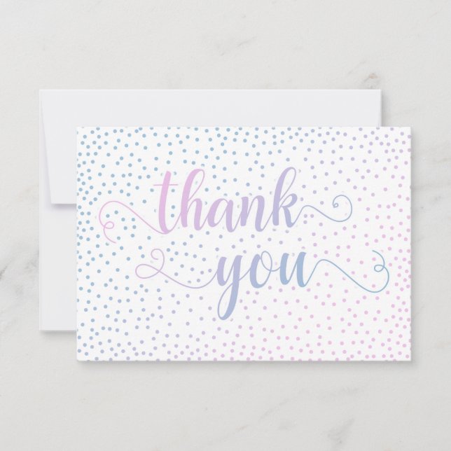 Pink & Blue Ombré Confetti und Script Baby Dusche Dankeskarte (Vorderseite)