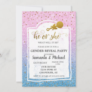 Pink Blue Ombre Glitzer Gold Gender Reveal Party Einladung