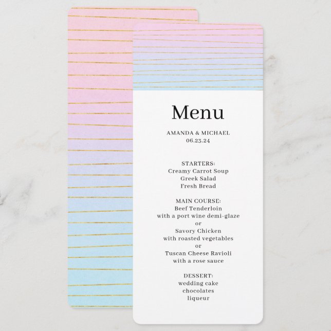 Pink Blue Ombre mit Thin Gold Lines Wedding Menü Einladung (Vorne/Hinten)