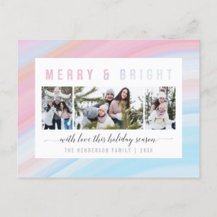 Pink & Blue Pastel Merry & Bright Holiday Foto Feiertagspostkarte