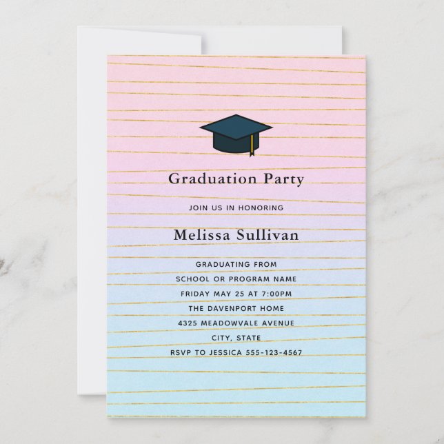Pink Blue Pastel Ombre mit Gold Lines Abschluss Einladung (Vorderseite)