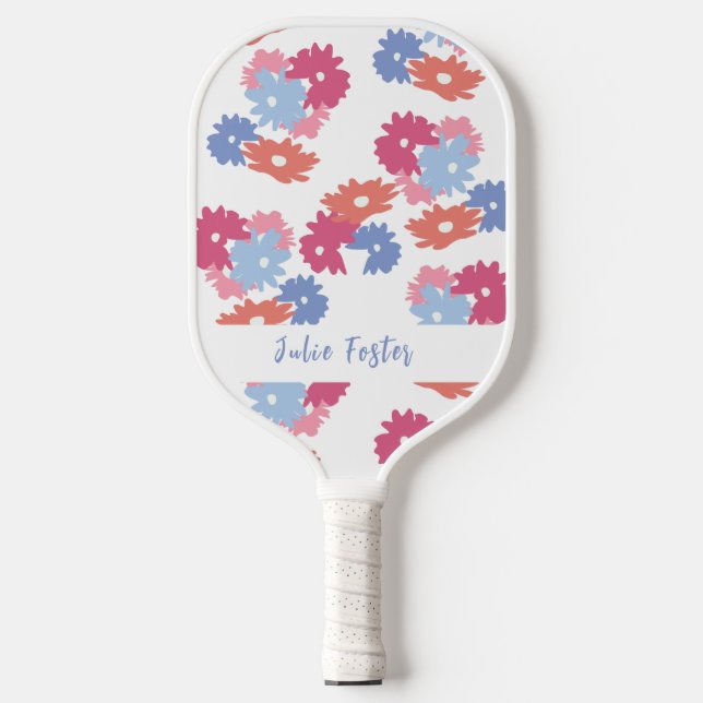 Pink Blue Patel Personalisiert floral Pickleball Schläger (Vorderseite)