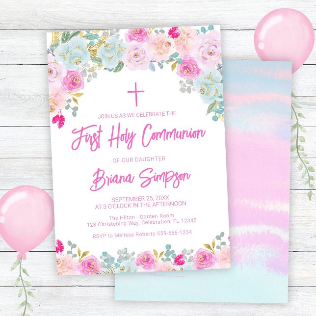 Pink Blue Peach Lila Floral Erste Heilige Kommune Einladung (Von Creator hochgeladen)