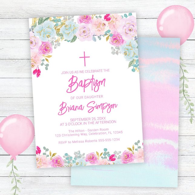 Pink Blue Peach Purple Blumen Blumenblume Taufe Einladung (Von Creator hochgeladen)