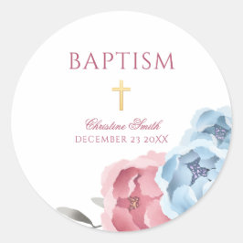 Pink Blue Peony Floral Junge Taufe Runder Aufkleber