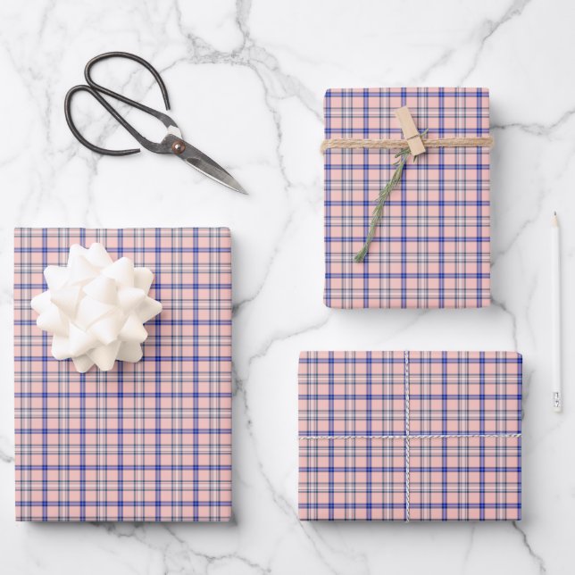 Pink Blue Plaid Classic Pattern Retro Geschenkpapier Set (Vorderseite)