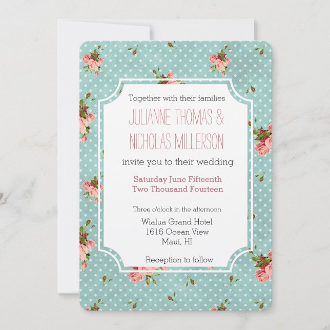 Pink Blue Polka Dots Floral Wedding Einladung (Vorderseite)