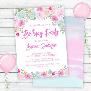 Pink Blue Pour Lila Floral Geburtstagsparty Einladung