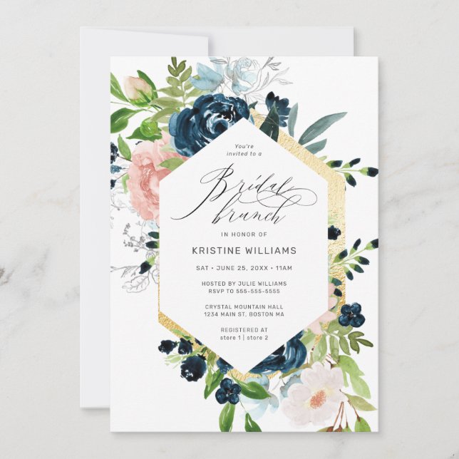 Pink Blue Rosen Watercolor Blumenbraun Brunch Einladung (Vorderseite)