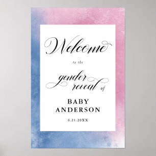 Pink & Blue Script Gender Reveal Willkommen Poster