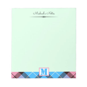Pink Blue Tartan Personalisierter Script Monogram  Notizblock