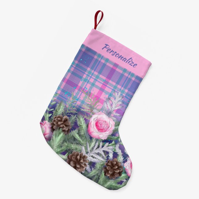 Pink Blue Tartan Roses Pinecones Personalized Kleiner Weihnachtsstrumpf (Vorderansicht (hängend))