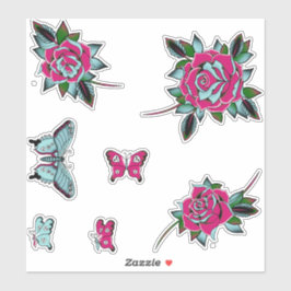 Pink Blue Tattoo Rose Schmetterlinge Aufkleber