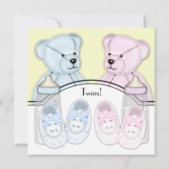 Pink Blue Teddy Bear Twin Baby Dusche Einladung (Vorderseite)
