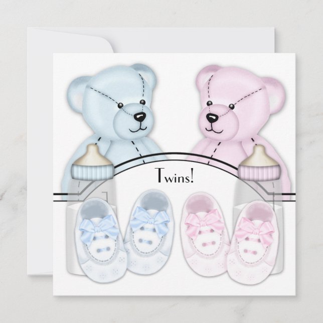 Pink Blue Teddy Bear Twin Baby Dusche Einladungen (Vorderseite)