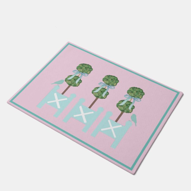 Pink Blue Topiary Turquoise Bird Bird mat tapis po (Incliné)