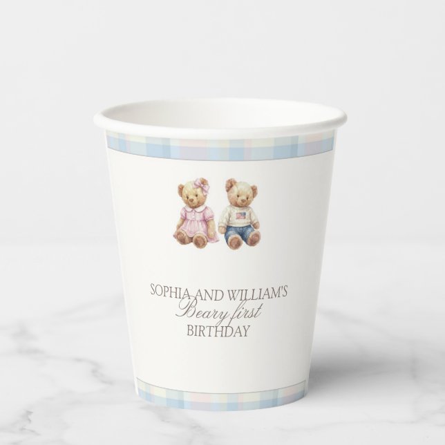 Pink blue Twins Beary First Birthday Paper Cups Pappbecher (Vorderseite)