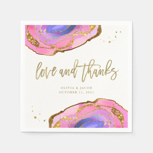 Pink Blue und Gold Geode Wedding Liebe und Danke Serviette (Vorderseite)
