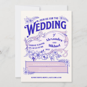 Pink Blue Vintag Library Book Wedding Einladung