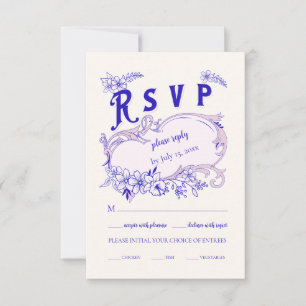 Pink Blue Vintag Library Book Wedding RSVP Karte