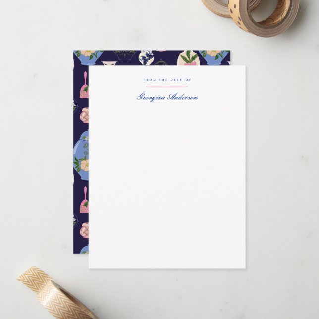 Pink Blue Vintag Vase Personal Stationery Mitteilungskarte (Vorderseite/Rückseite Beispiel)