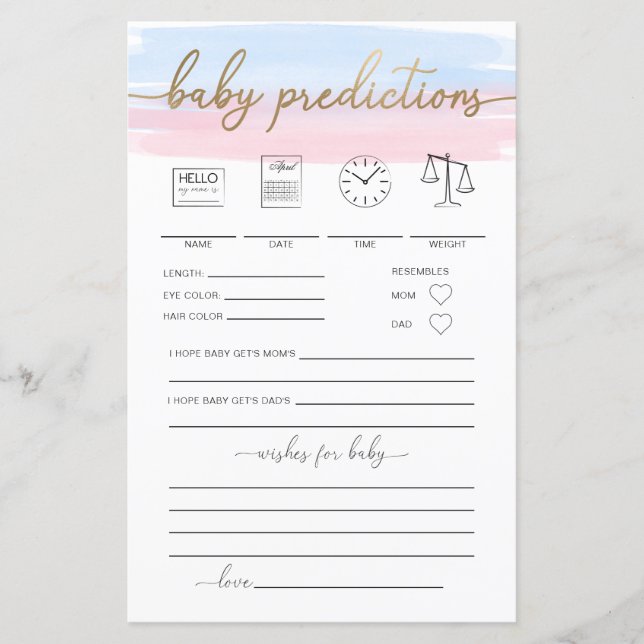 Pink Blue Watercolor Baby Predictions Game (Vorderseite)