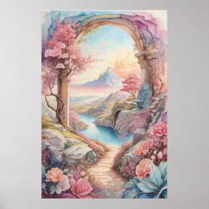 Pink Blue Watercolor Fantasy Landschaft Poster