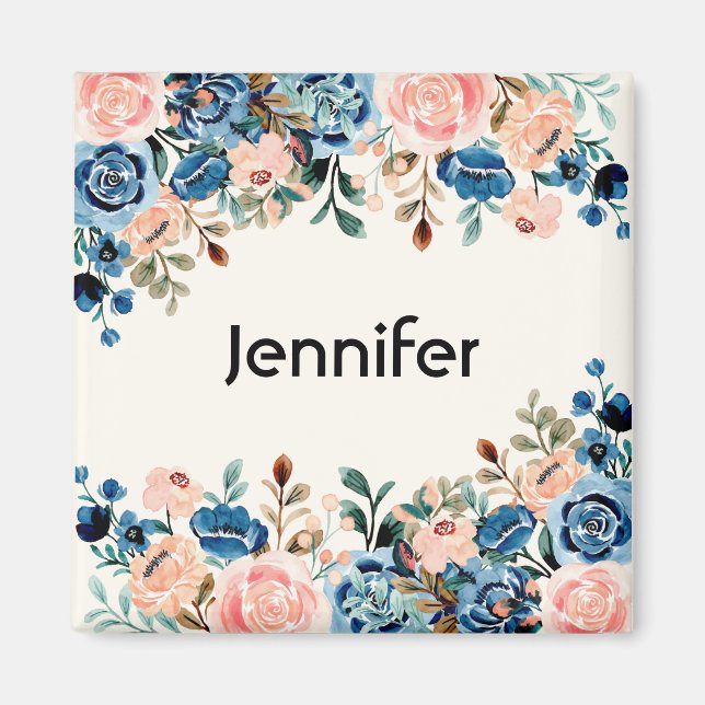 Pink & Blue Watercolor Flowers Magnet (Vorne)